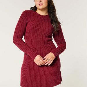 Ribbed Skater Mini Sweater Dress - Burgundy - Large Petite